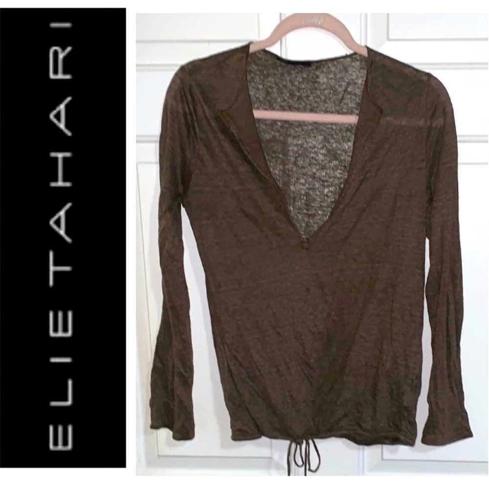 🫐 ELIE TAHARI Linen & Silk Brown Lightweight Long Sleeve V-neck Top L